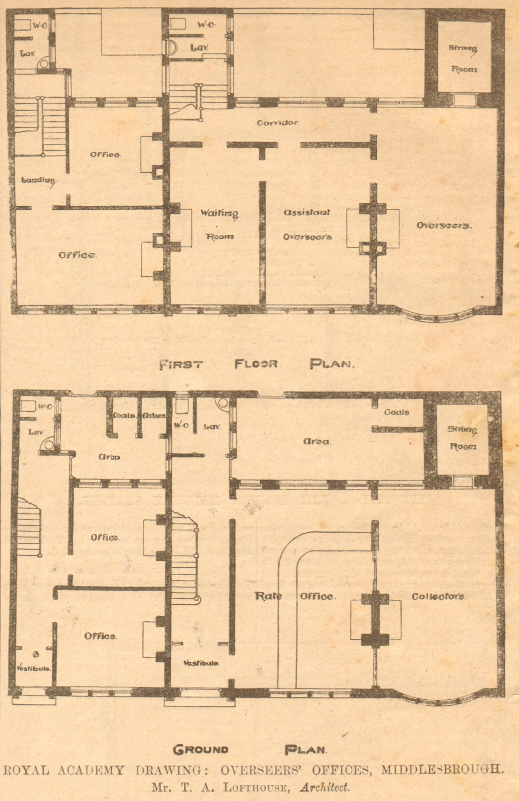 Overseers' offices, Middlesbrough. T.A. Loftouse, Architects 1900 old print